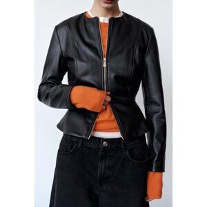 Zara Womens Peplum Jacket Medium M Black Faux Leather Round Neck 3046/069 NWOT